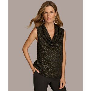 Donna Karan New York Women's Sleeveless Metallic Cowlneck Top Black Size L $89
